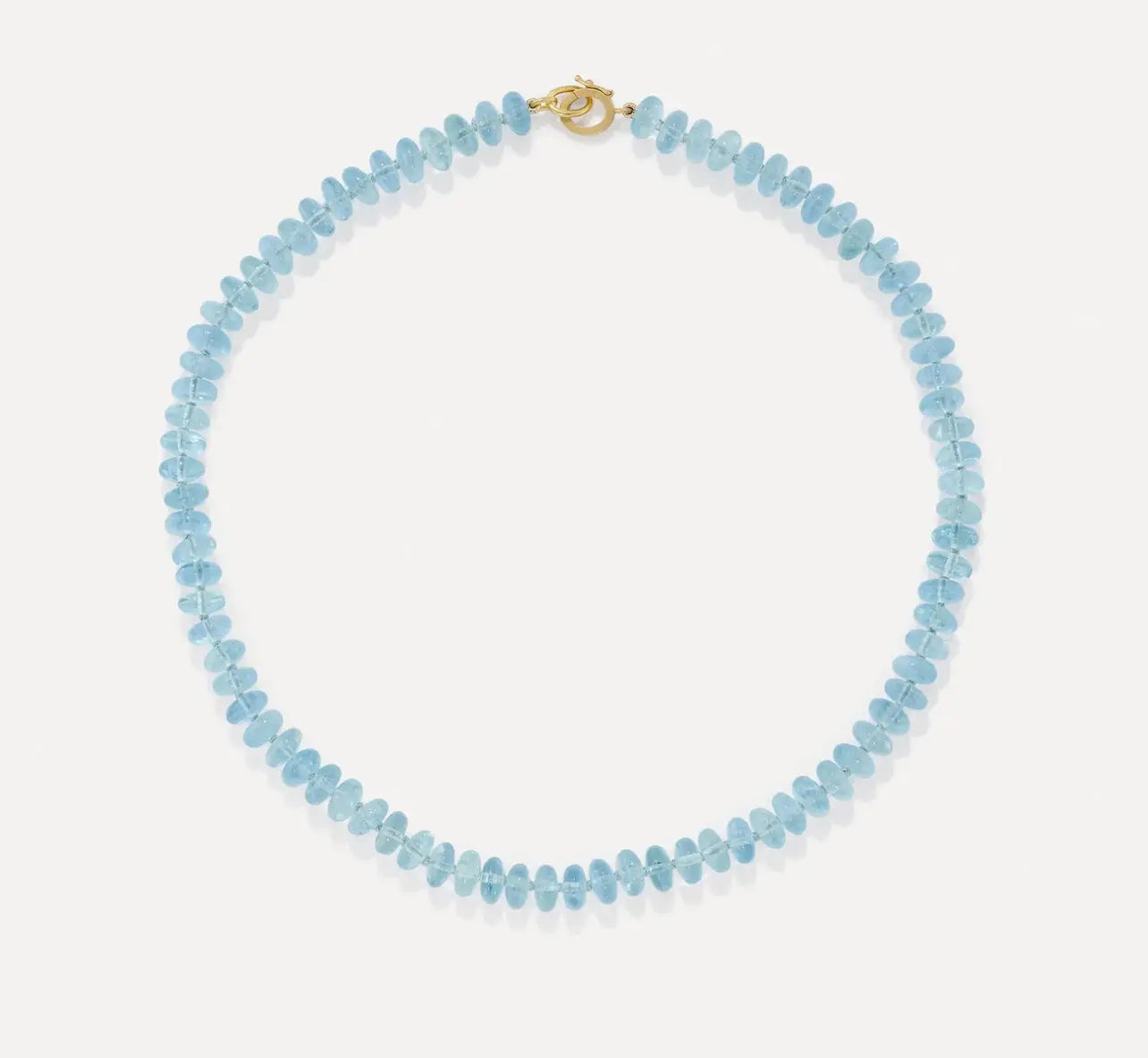 Irene Neuwirth's beaded candy collection necklace in Aquamarine. This is piece is hand string and knotted between each bead. The clasp is 18k yellow gold and the length is 16 inches.