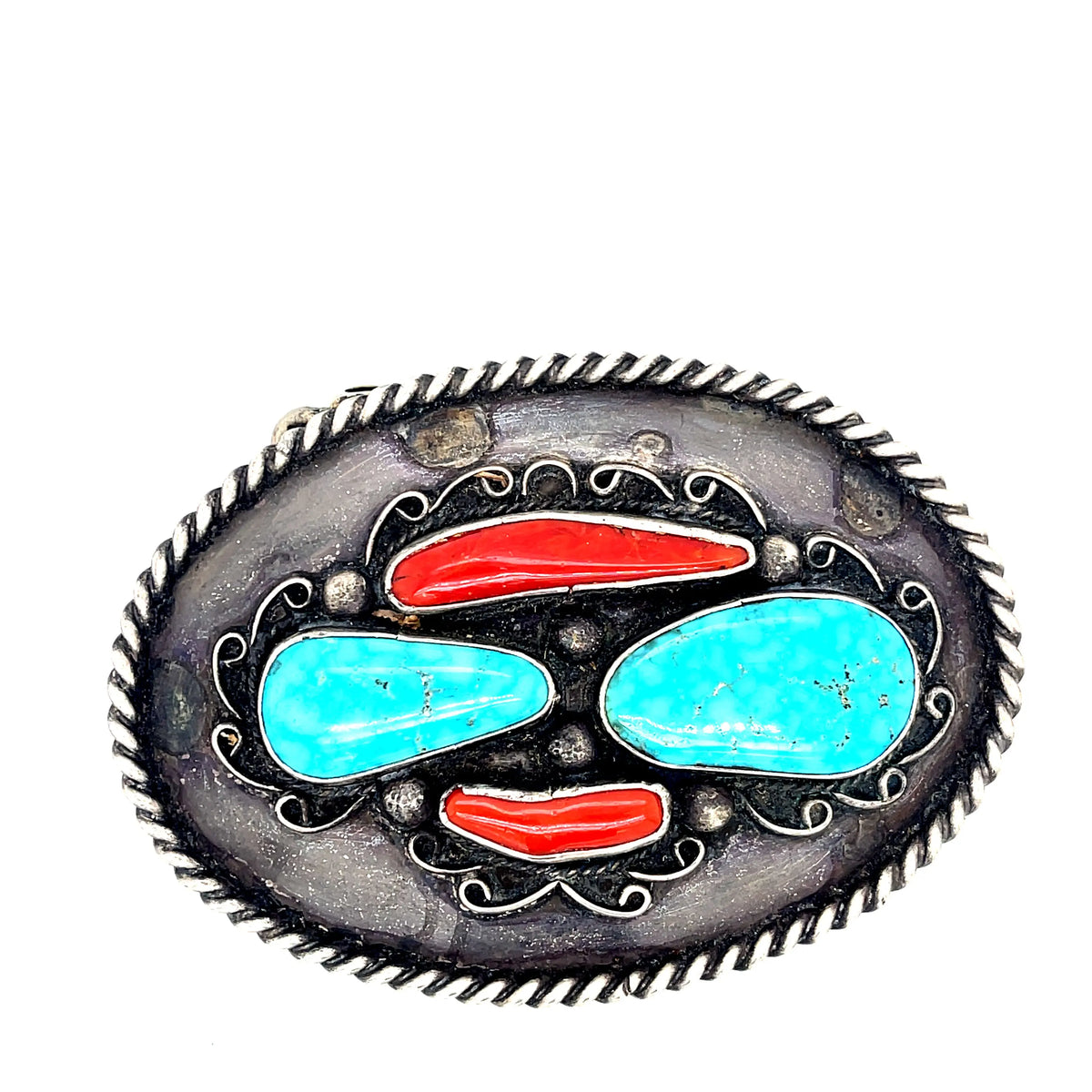 Turquoise and Coral Belt Buckle and Tip - Squash Blossom Vail