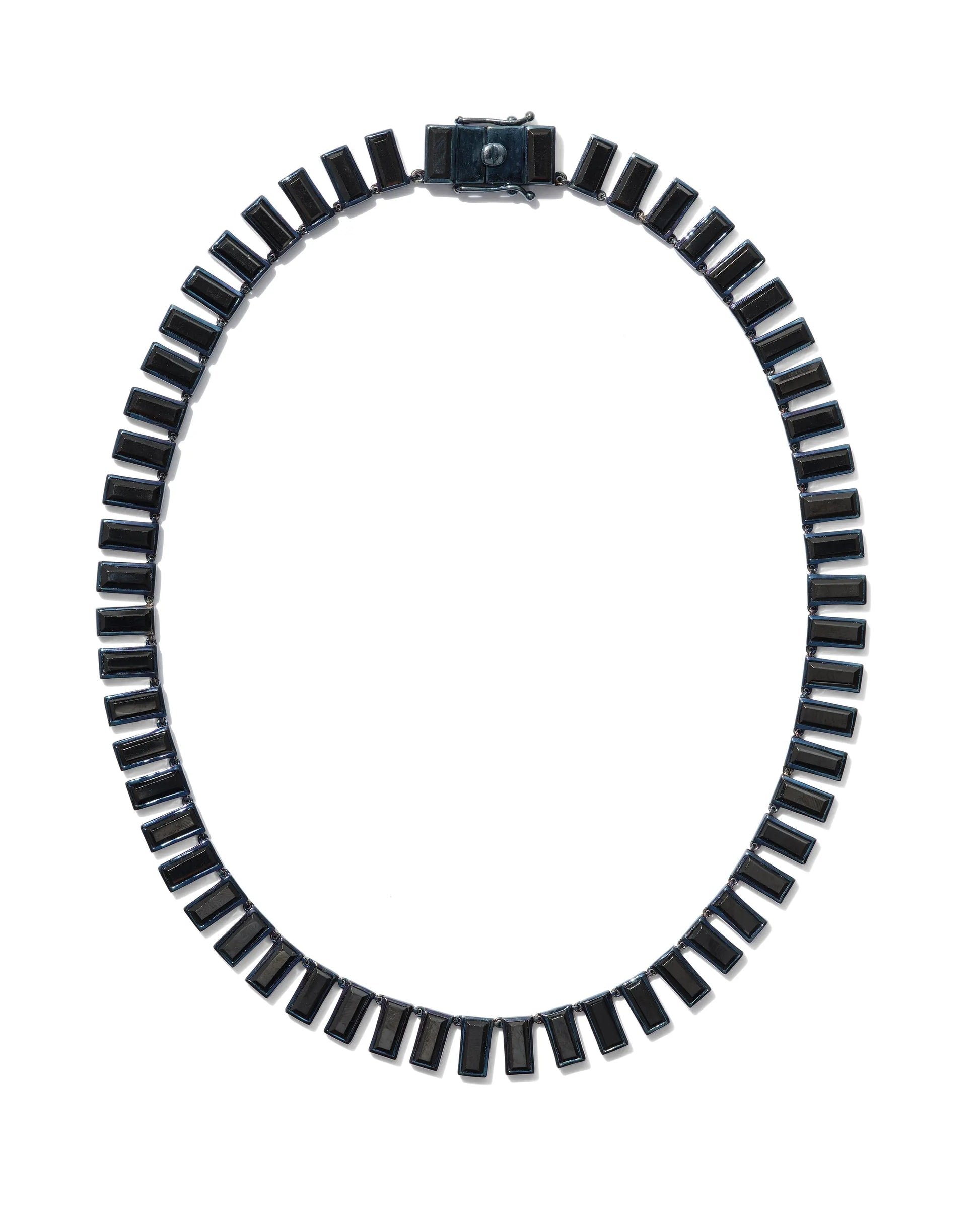 Designed by Nak Armstrong this necklace is great on its own or layered.  They are set in sterling silver with blue rhoduim and baguette black spinel 9 mm. The necklace measure 16 in length.