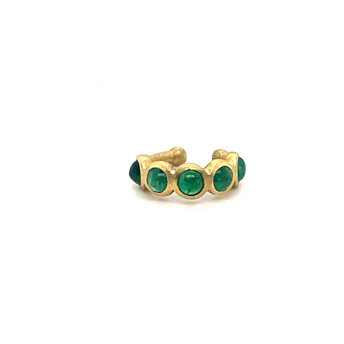 18K yellow gold bezel ear cuff with 5 round emerald cabs with .53ctw.  Designed by Samantha Louise