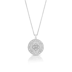 Texture and bezels vibrant from the center of this medallion. This piece is a mix of matte and high polish giving it even more dimension. There are 1.5 ctw of white diamonds.  Each medallion measures 1.2" in diameter without bail.  Necklace Length: 14-16"  If item is out of stock, please allow for 4-6 weeks for delivery  Desgined by Meredith Young