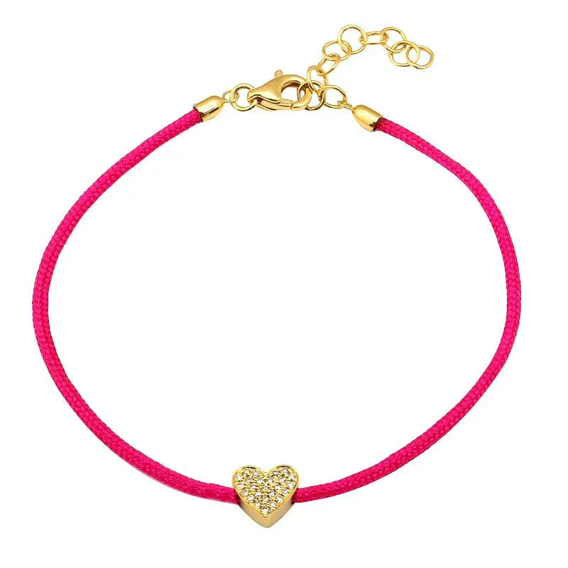 Pave Heart Diamond Hot Pink Cord Bracelet - Squash Blossom Vail