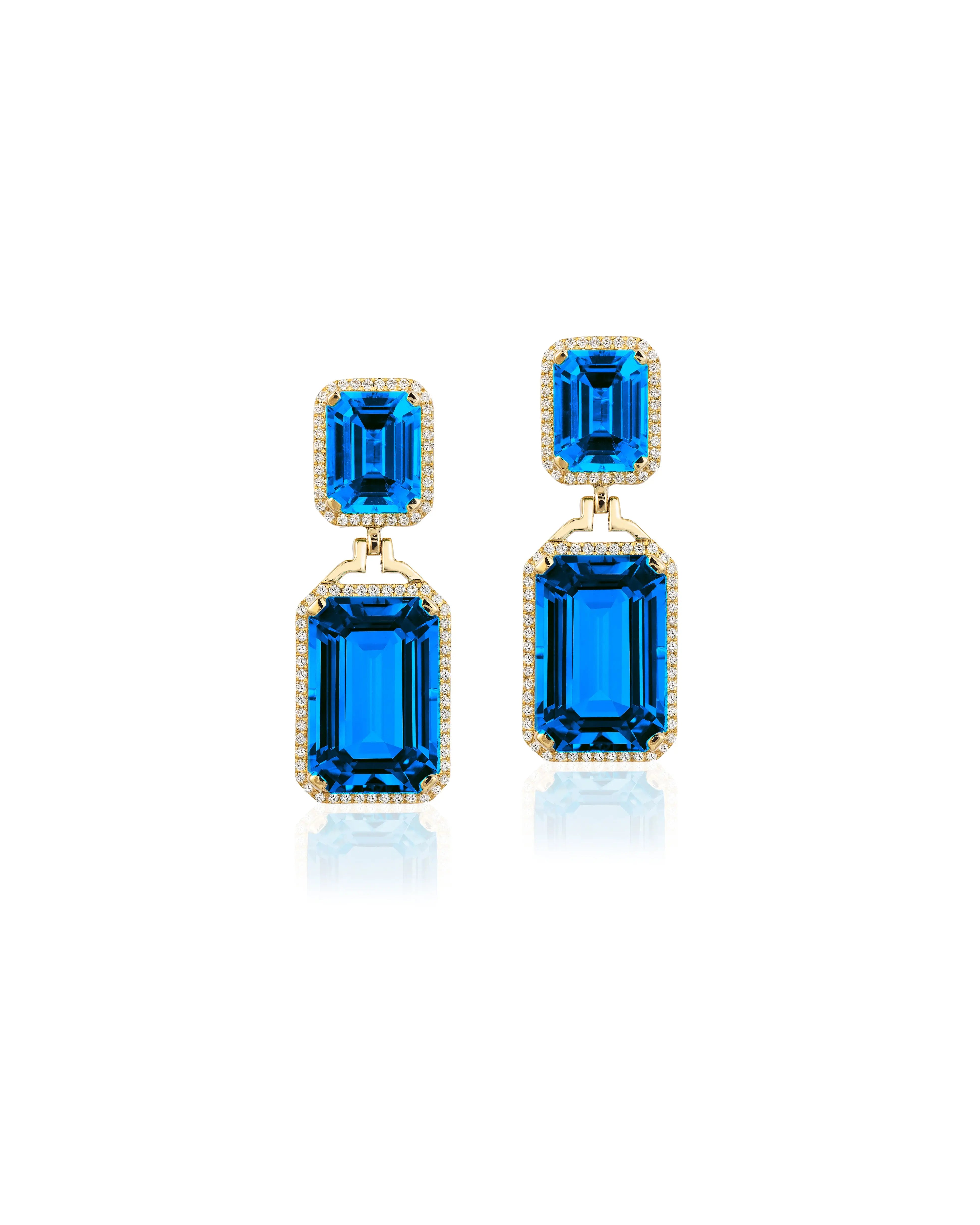 Gossip' London Blue Topaz Emerald Cut Diamond Earrings in 18K yellow gold. The stone size is ~ 10X15-9X7mm. The London Blue Topaz is 25.69 cttw with Diamonds ~ 0.41 cttw