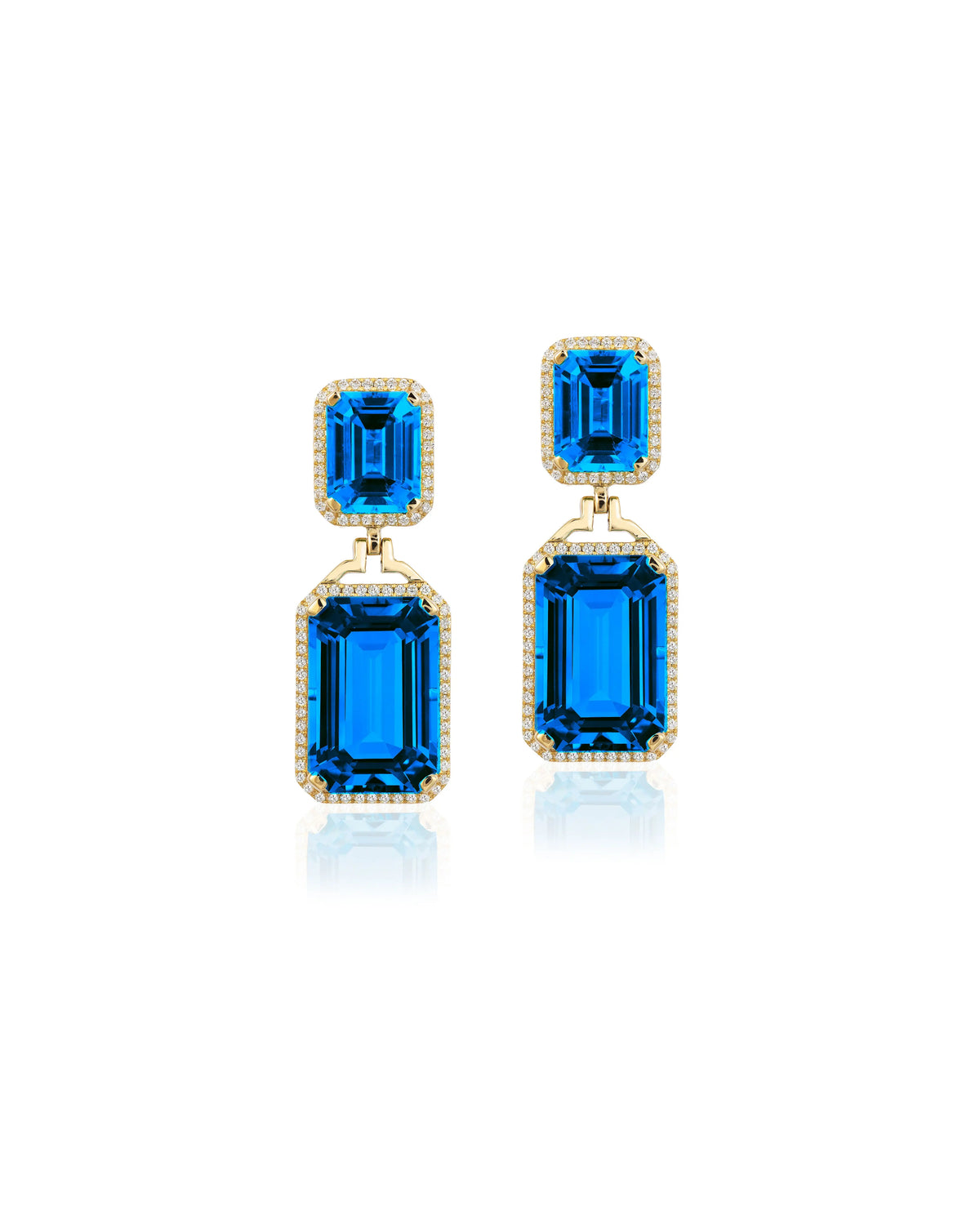 Gossip&#39; London Blue Topaz Emerald Cut Diamond Earrings in 18K yellow gold. The stone size is ~ 10X15-9X7mm. The London Blue Topaz is 25.69 cttw with Diamonds ~ 0.41 cttw