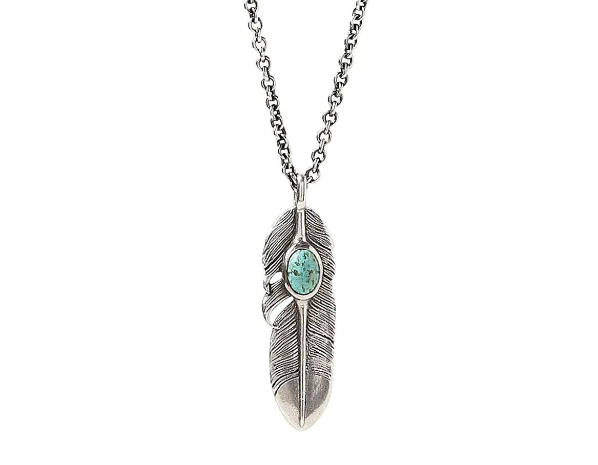 Necklace silver, feather with 8x6 mm Chinese Turquoise, on a 24" silver chain with fold over clasp - Squash Blossom Vail