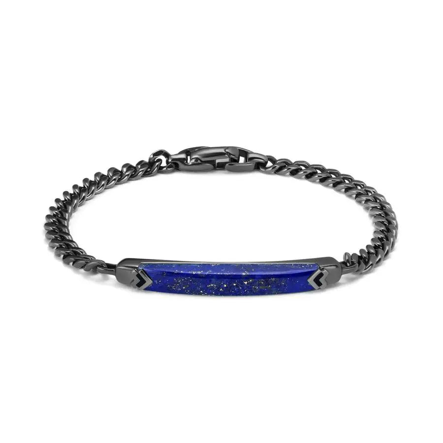Details:  Gemstone:  10.05 Carats of Lapis Metal:  Black Ruthenium Sterling Silver Measurements:  Feature is 35mm X 5.5mm Finishing:  Black Enamel Accents Length: 7 inches   If an item is out of stock, please allow 4-6 weeks for delivery  Designed by Graziela Gems
