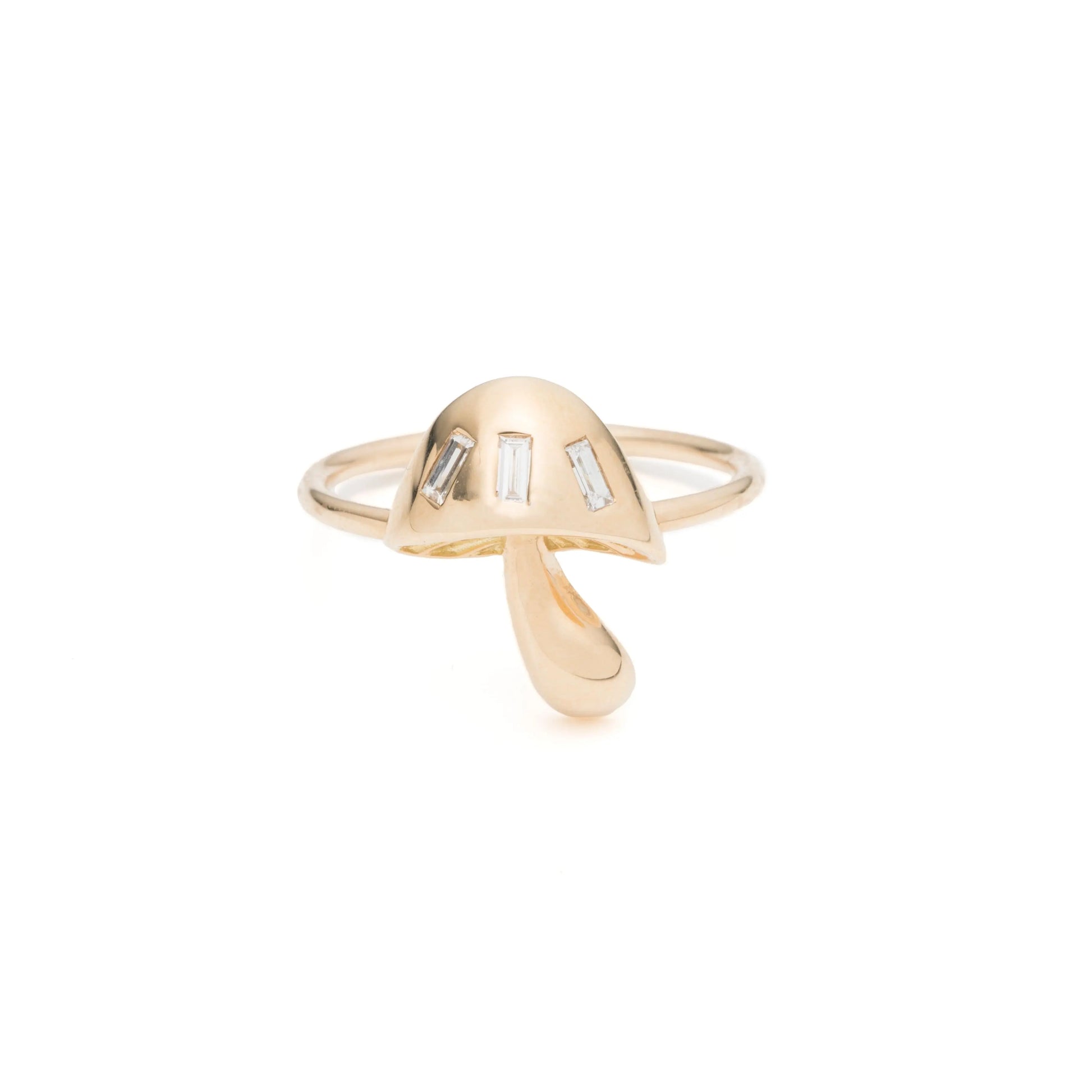 The ring is so fun! It is a magic mushroom with 18K Yellow Gold and Diamond Baguettes (0.17cttw). The dimensions are 1.4mm Band and the mushroom measures 15mm x 12mm. The ring size is 6. If you need a different size, please email shop@sbvail.com  Designed by Brent Neal and made in New York