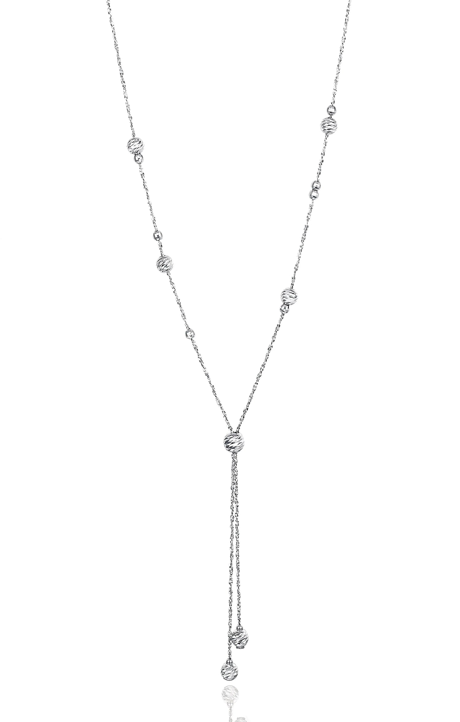 Art in motion. Floating platinum beads slide effortlessly along a platinum chain to quickly change the look and configuration. A floating bead transforms this necklace from an elegant choker to a dramatic Y-shaped necklace.  Product Details:  Platinum No Clasp Adjustable length 30" If an item is out of stock, please allow 3-6 weeks for delivery