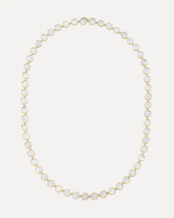 This long link necklace highlights the beauty of rainbow moonstone cabochons scalloped coin-edge set in 18k yellow gold.  18k yellow gold and Rainbow Moonstone  34 inches in length  Designed by Irene Neuwirth and handmade in Los Angeles