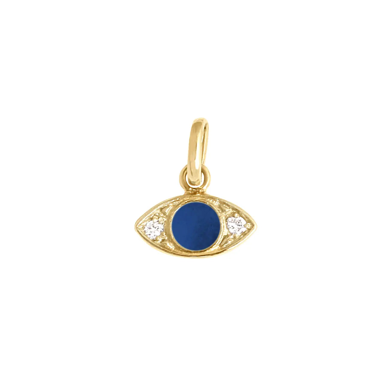 From gigi CLOZEAU's Voyage Collection the diamond eye charm features solid yellow gold, white diamonds, rich lapis-colored resin, and classic symbolism with modern appeal. Pair with one of many Gigi Classic necklaces or bracelets, sold separately. Diamonds have a total carat weight of 0.02 cttw. The bail measures 10.16mm.