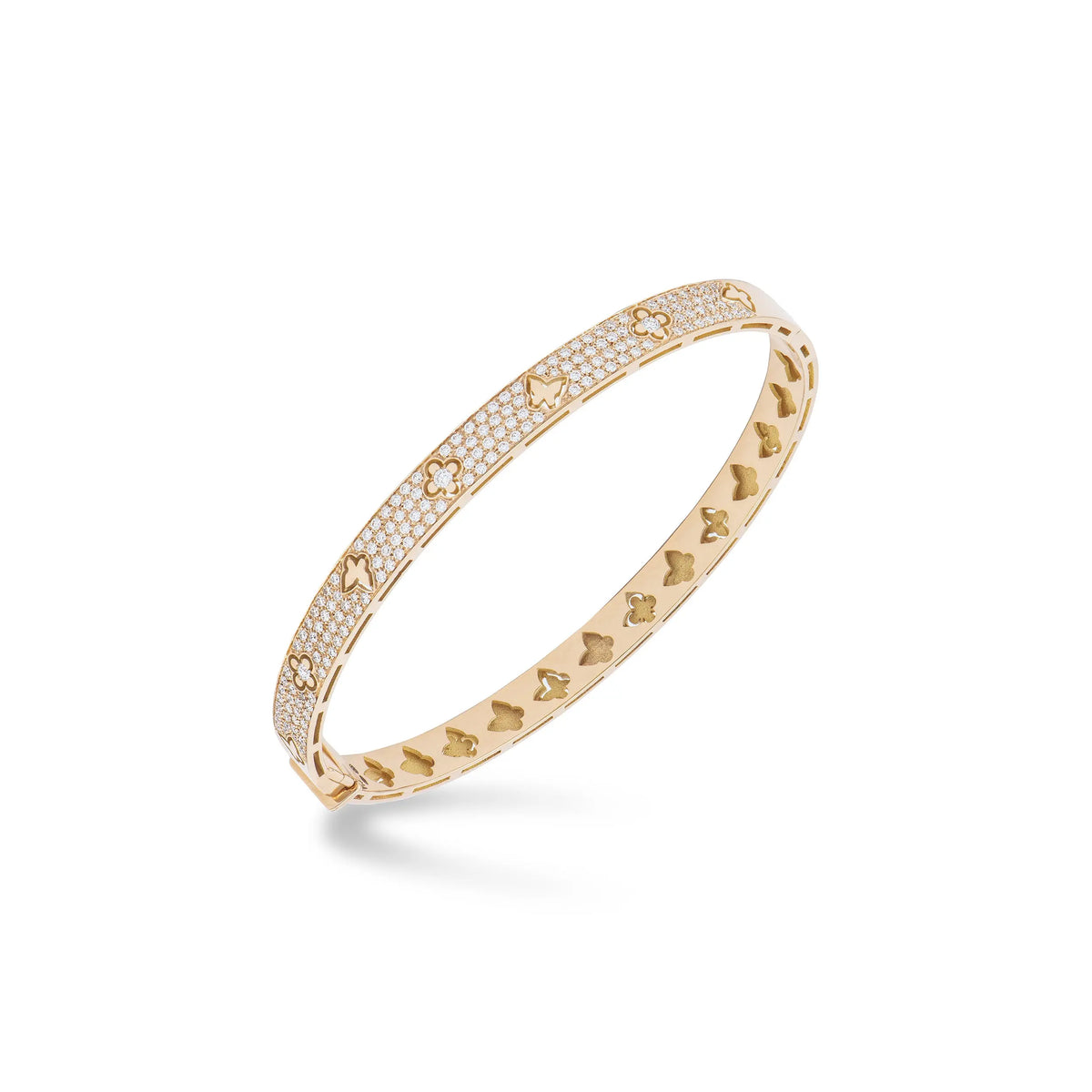 18k rose gold Pave Hinged Bangle .83 ct Butterfly Motif  The diamonds pavè highlights the iconic Piero Milano butterfly that alternates with a four-petaled flower  Designed by Piero Milano
