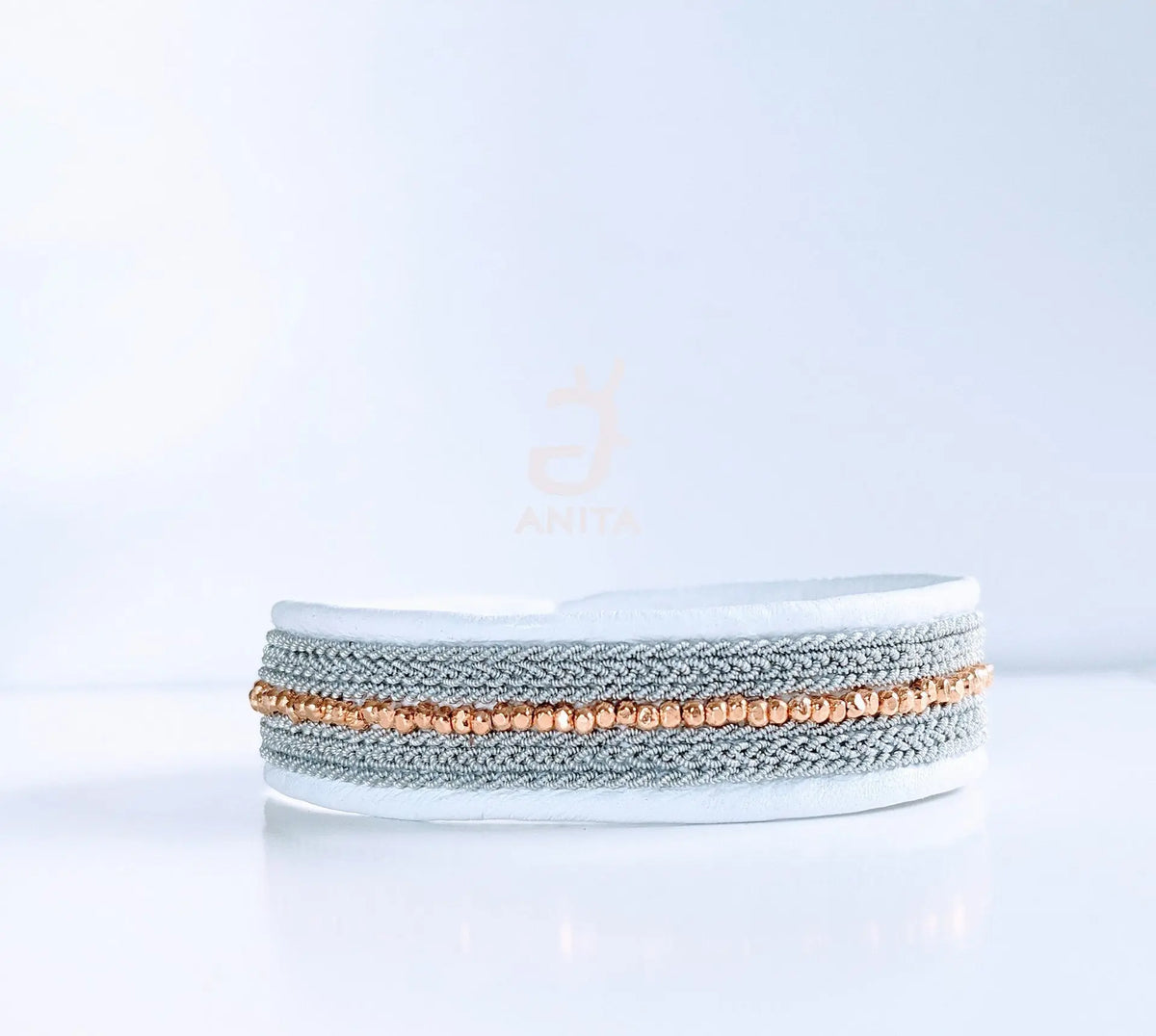 Handmade Leather Bracelet - White and Gold - Squash Blossom Vail