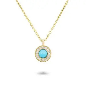 Turquoise is surrounded by gold and diamonds that enhance and embellish the earring  18k yellow gold with turquoise .10 cttw and pave diamond .07 cttw round pendant and chain  Designed by Piero Milano and made in Italy