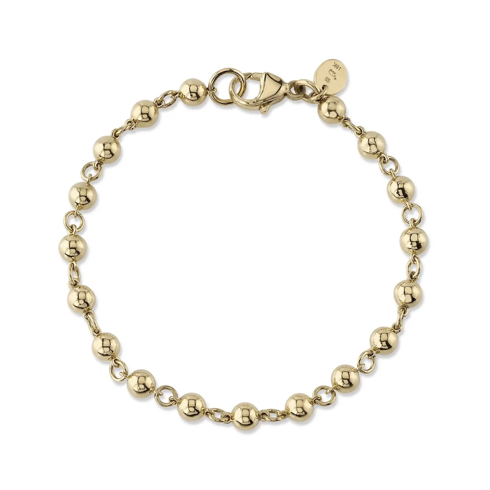 Handcrafted 18K yellow gold large rosary bead bracelet. Beads measure 5mm in diameter.  Bracelet measures 7.5"  If an item is out of stock, please allow 6-8 weeks for delivery.  Designed by Single Stone and made in LA