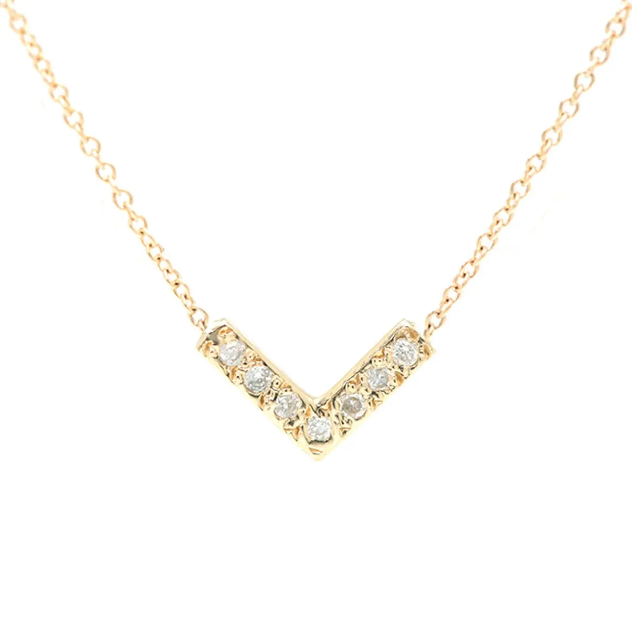 Open Triangle Necklace-White Diamond in 14k yellow gold  A simple open V-shaped golden pendant set with seven white diamonds.  7 white diamonds  Length: 16" chain  Please allow 4 weeks for delivery, if an item is out of stock  Designed by Aili Jewelry