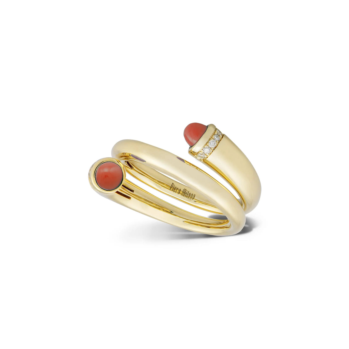 Contrarié ring with coral ad diamonds  18k yellow gold with coral and diamond wrap ring  .20 cttw coral and .07 cttw diamonds  Ring Size: 6.5  If you need a different size, please email shop@sbvail.com  Designed by Piero Milano