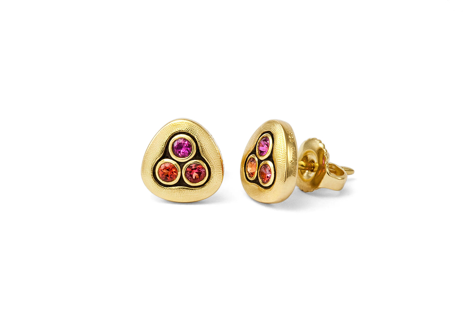 18K Yellow Gold Sapphire "Swirling Water" Stud Earrings  Details: 6 pink and orange sapphires Designed by Alex Sepkus and made in NYC