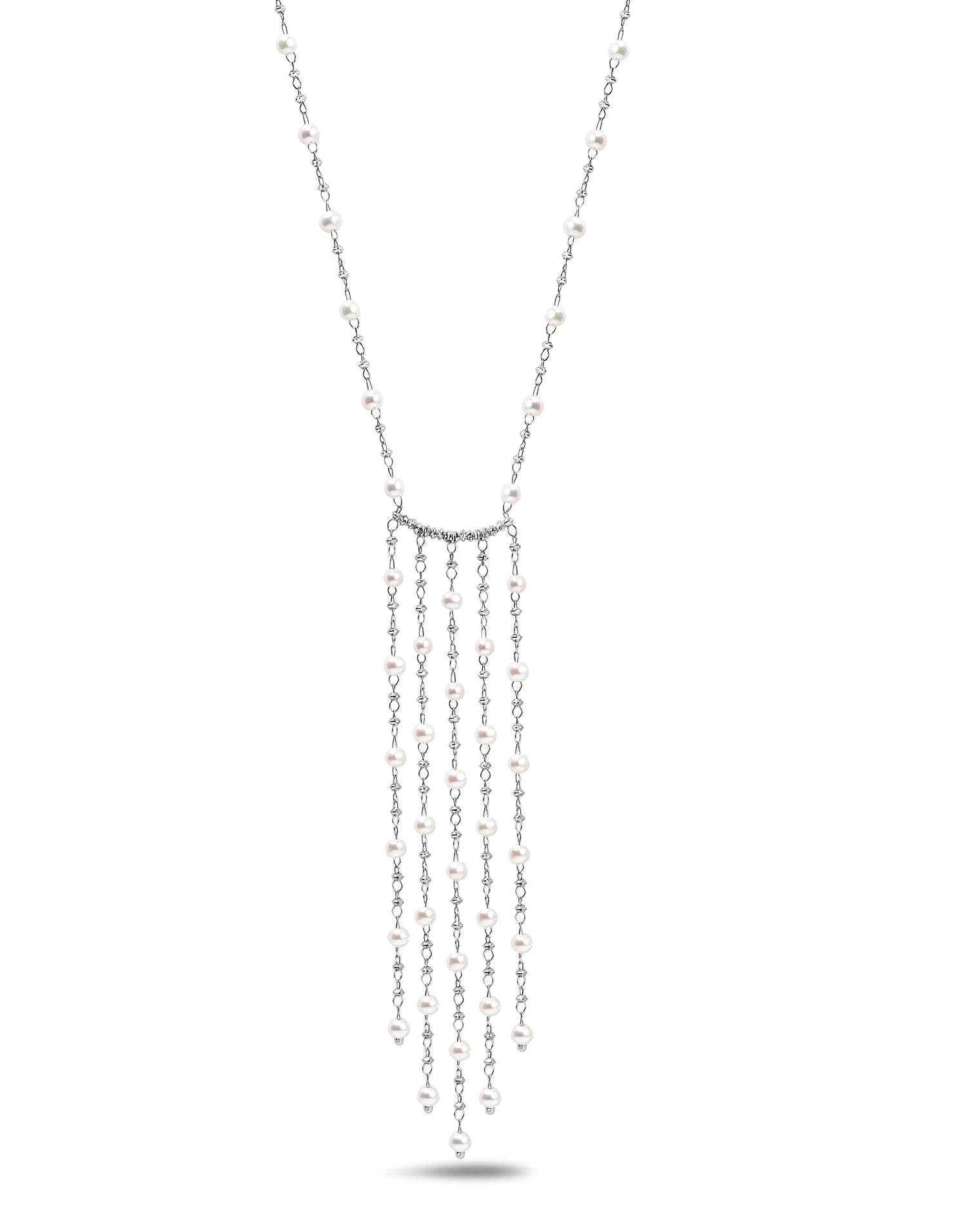 A stunning statement in brilliant-cut platinum beads and freshwater pearls. The single chain culminates in a dramatic centerpiece, where a curtain of multiple hand-threaded chains drop from a platinum bar.  Product Details:  Platinum No Clasp 27.56 Inches Designed by Platinum Born