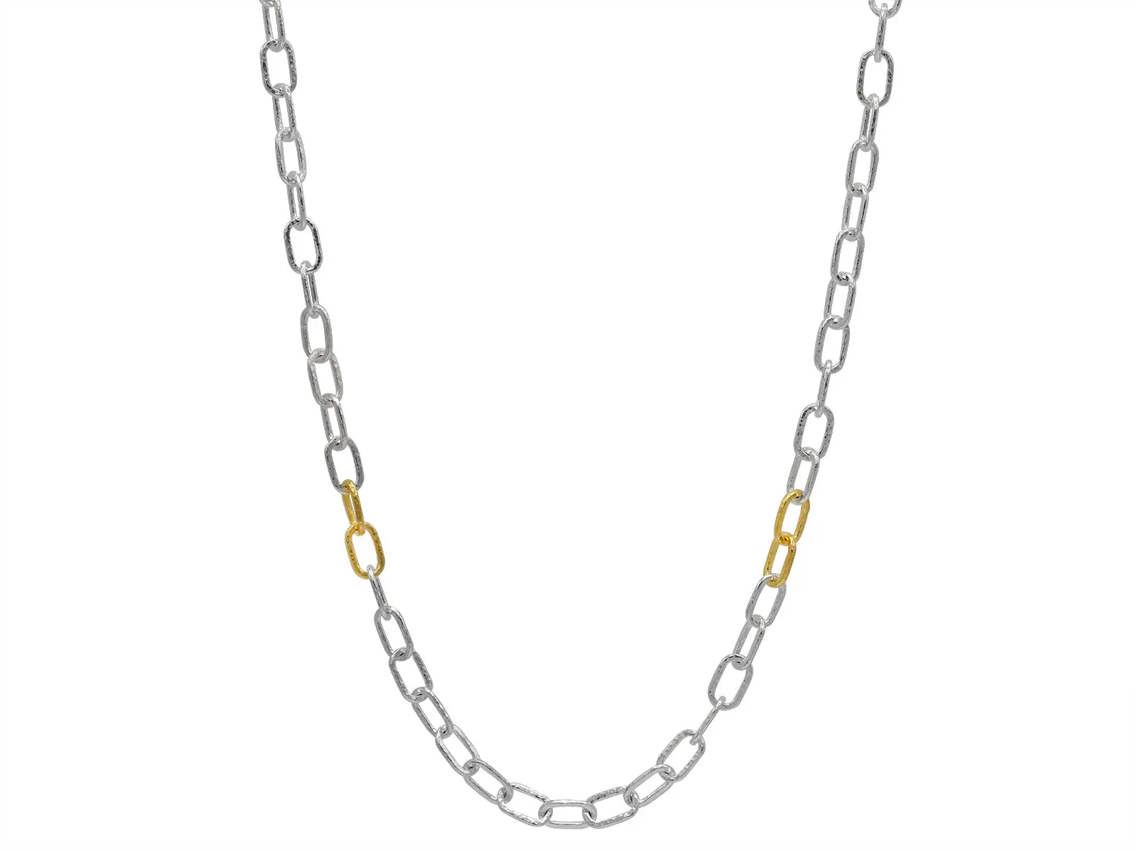 The chain necklace is in sterling silver plated with 24K gold. The length  18" with a lobster clasp.  Designed by Gurhan