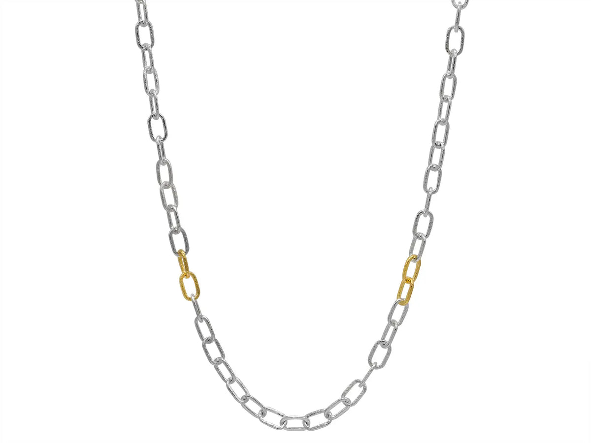 The chain necklace is in sterling silver plated with 24K gold. The length  18&quot; with a lobster clasp.  Designed by Gurhan