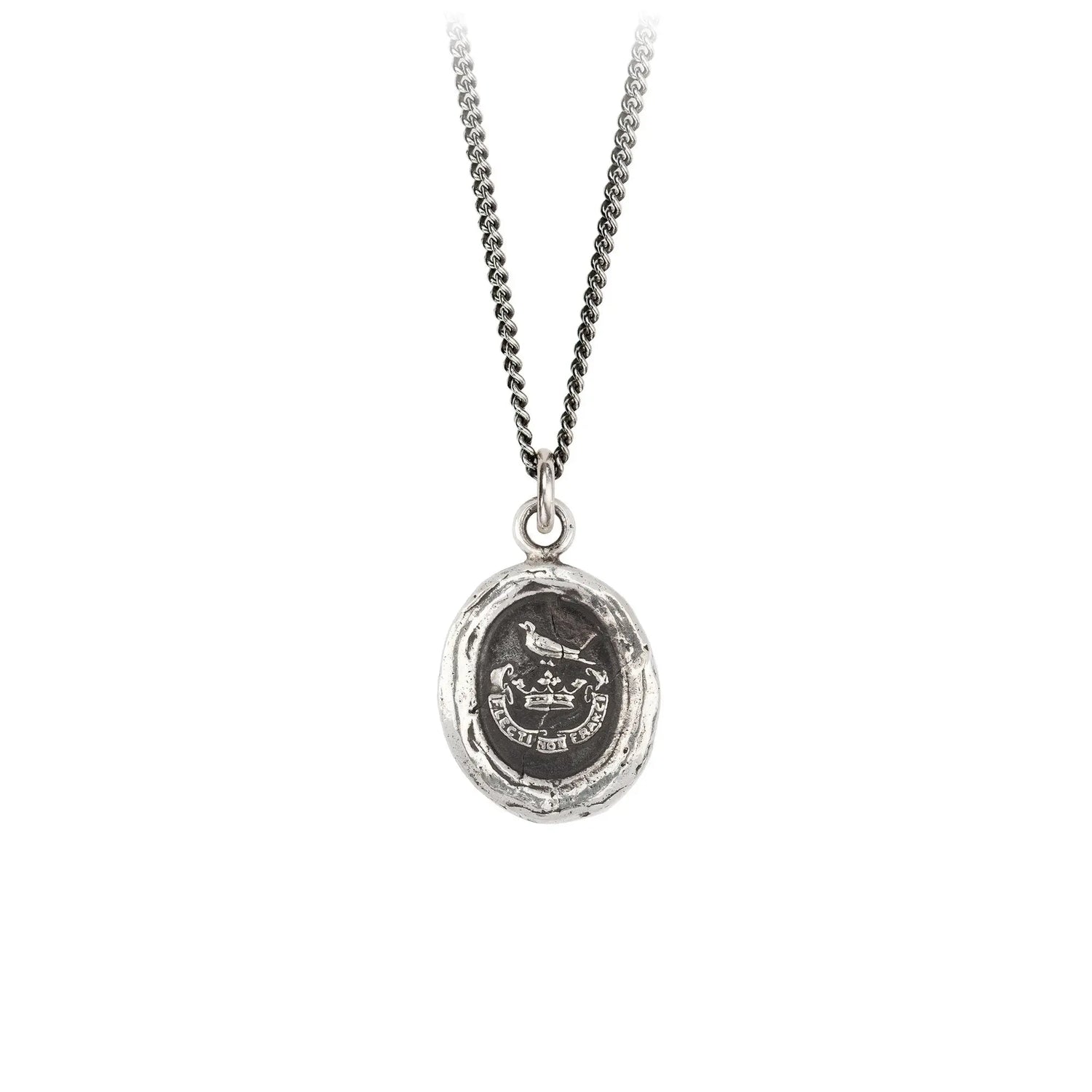 This talisman reads 'Flecti Non Frangi' in Latin, meaning 'To be Bent not Broken'. It refers to one who can endure hardship yet still remain true to themselves. The raven signifies hope and is believed to have keen vision that pierces through all darkness.  Handcrafted in Vancouver, Canada Cast in 100% recycled sterling silver  Chain length - 18 inches Sterling silver chain and lobster clasp with Pyrrha branded quality tag Meaning card (handmade from recycled materials)
