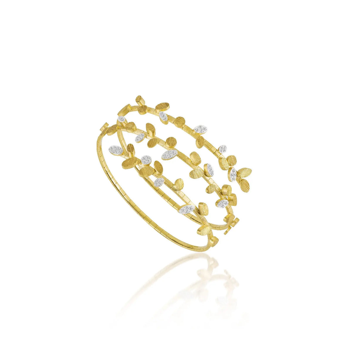 Three-band spiral bracelet in 18K yellow gold with diamonds.  Approximate width: 32,6 mm.  Approx. gold weight: 18,30 g  Diamonds: 0.29 carats round brilliant-cut VS G/H  If an item is out of stock, please allow 3-5 weeks for delivery. To check our availability please send an email to shop@sbvail.com.   Designed by Luisa Rosas and made in Portugal