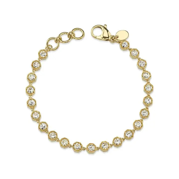 Single Stone hand creates each piece in LA and is made with old European cut diamonds. This bracelet is ~ 4.10 cttw G-H/VS-SI old European cut diamonds set in a handcrafted diamond tennis bracelet. The bracelet measures 7.5".