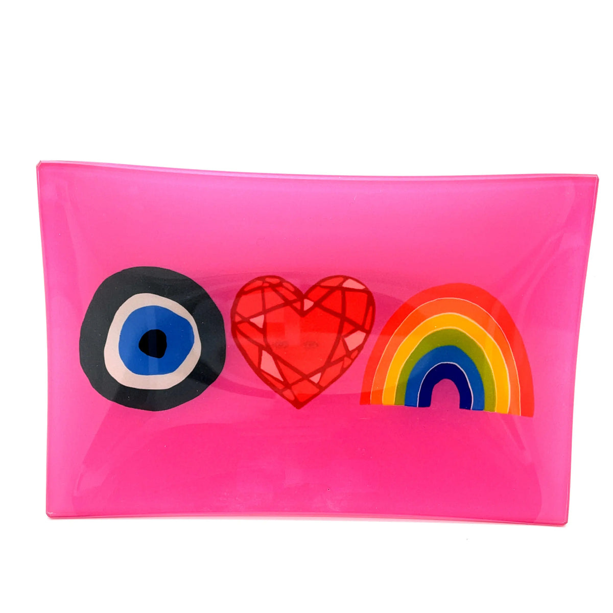 The rainbow dish gives you some much needed lucky and protection. It also holds your special treasures.  This glass handmade jewelry tray is great alone or paired with your favorite jewels.  Made by Lisa Bayer and size 6x6.  The rainbow tray has a evil eye, rainbow and a heart.