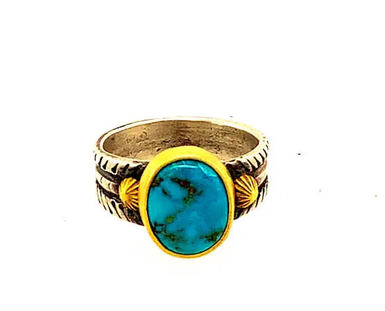 Turquoise and 14k gold Ring - Squash Blossom Vail