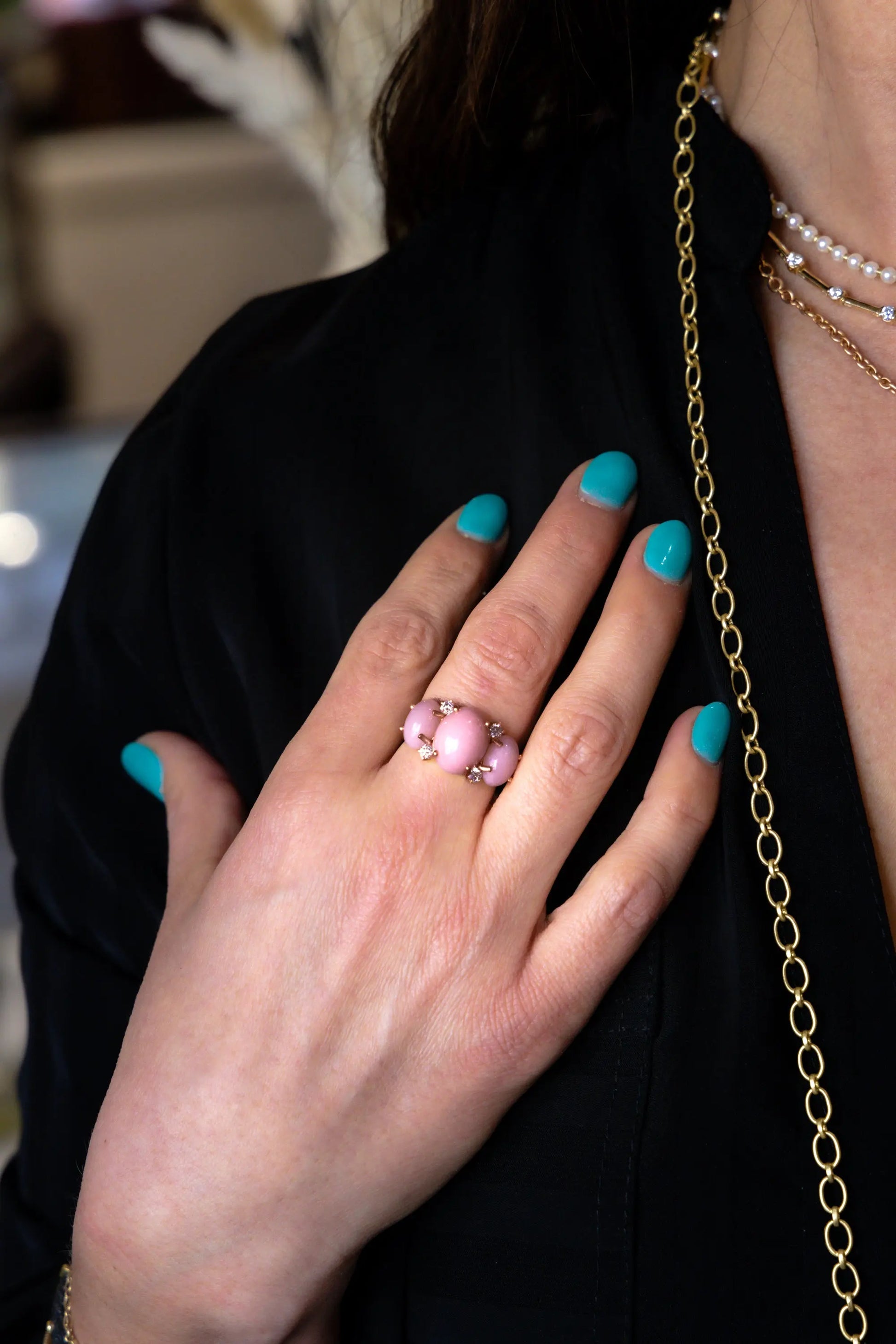 Pink Opal Three Stone Ring - Squash Blossom Vail