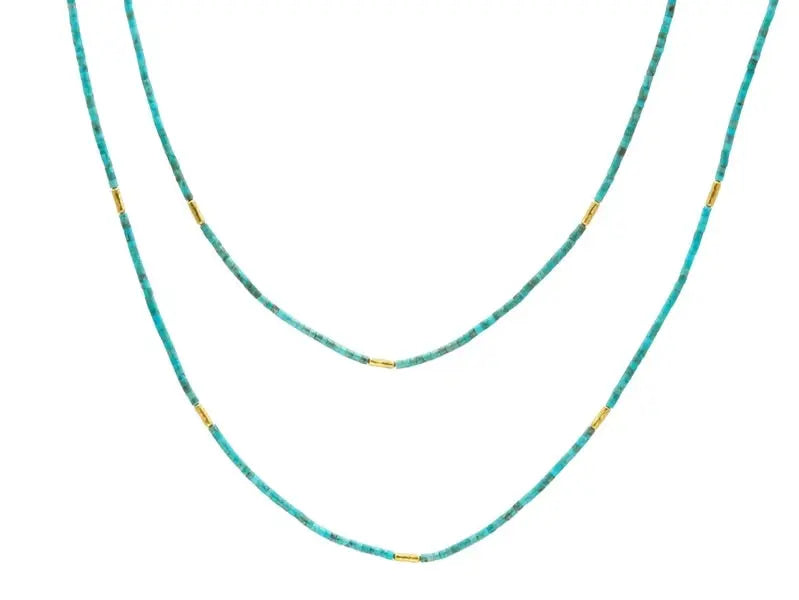 Turquoise Jet Set Gold Necklace, Short Beaded, Beaded with Coral - Squash Blossom Vail