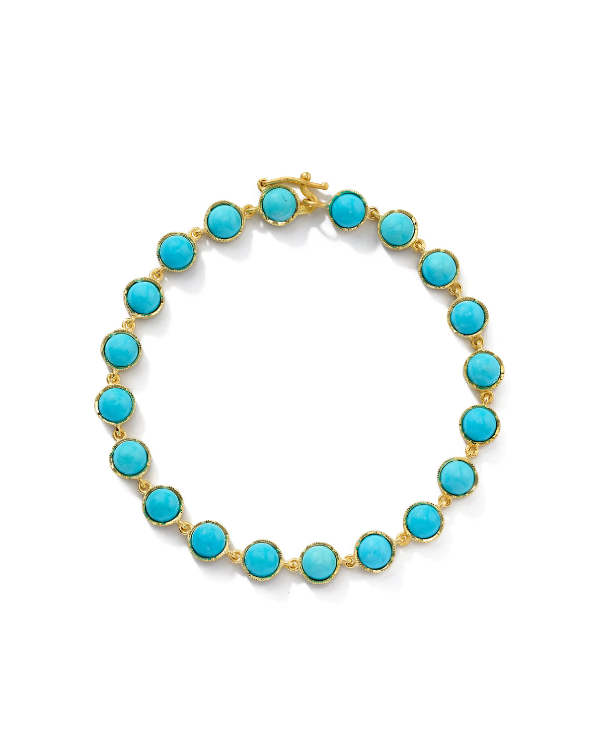 18K Brushed gold bracelet with 5mm with Kingman turquoise stones. A great classic bracelet to wear alone or to stack.   The bracelet measures 7 inches long.  Hidden link clasp with safety latch.  If an item is out of stock, please allow 3-6 weeks for delivery. Email shop@sbvail.com for questions.   Designed by Irene Neuwirth