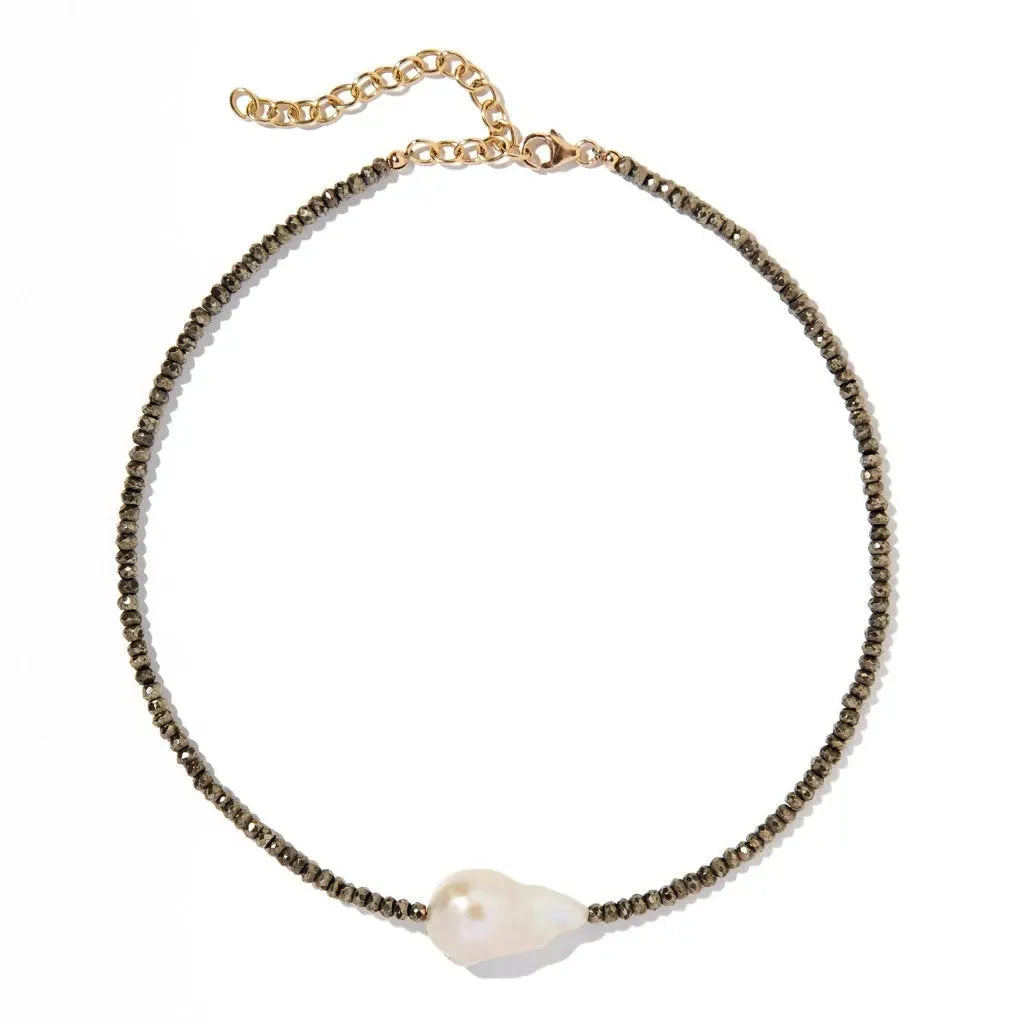 Pyrite Single Baroque Pearl Gemstone Necklace - Squash Blossom Vail