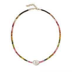 Multi Tourmaline Single Baroque Pearl Gemstone Necklace - Squash Blossom Vail