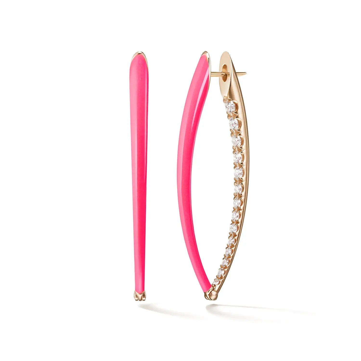 18k gold earrings with diamonds and pink enamel  Hinged hoop with post back  42mm length  Approx. 0.92cts white diamonds  Designed by Melissa Kaye