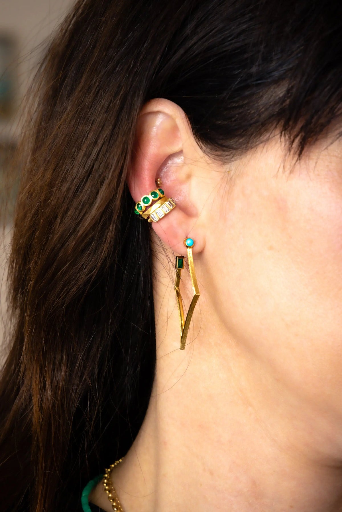 Turquoise and Emerald Falling Star Hoops - Squash Blossom Vail