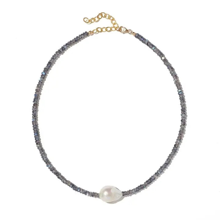 Labradorite Single Baroque Pearl Gemstone Necklace - Squash Blossom Vail