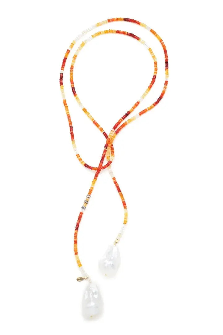 Mexican Opal and Diamond Baroque Pearl Lariat - Squash Blossom Vail