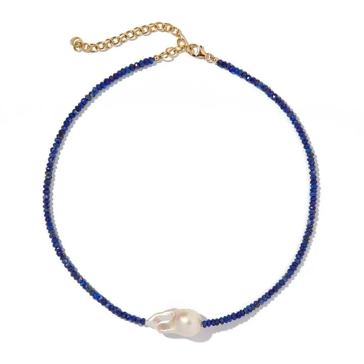 Lapis Single Baroque Pearl Gemstone Necklace - Squash Blossom Vail