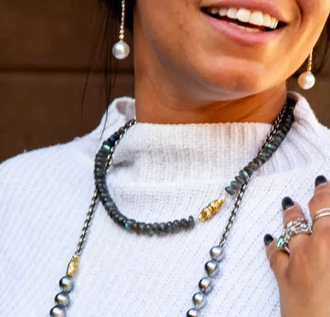 Alex Sepkus One of a Kind Labradorite Beaded Necklace with &quot;Seashell&quot; Clasp - Squash Blossom Vail