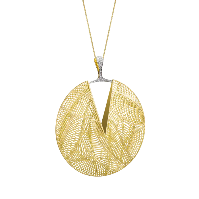 18k yellow gold large circle pendant with a chain with .16ct of diamonds  Length: 33 inches  Approximate diameter: 600 mm.  Diamonds: VS G/H.  If the item is out of stock, please allow 3-5 weeks for delivery. We have some pieces in stock. To check our availability please send an email to shop@sbvail.com.   Designed by Luisa Rosas and made in Portugal