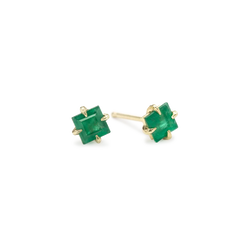 Martini style princess cut emerald stud earrings set in 14k yellow gold.   .75ct emerald.   Designed by ILA