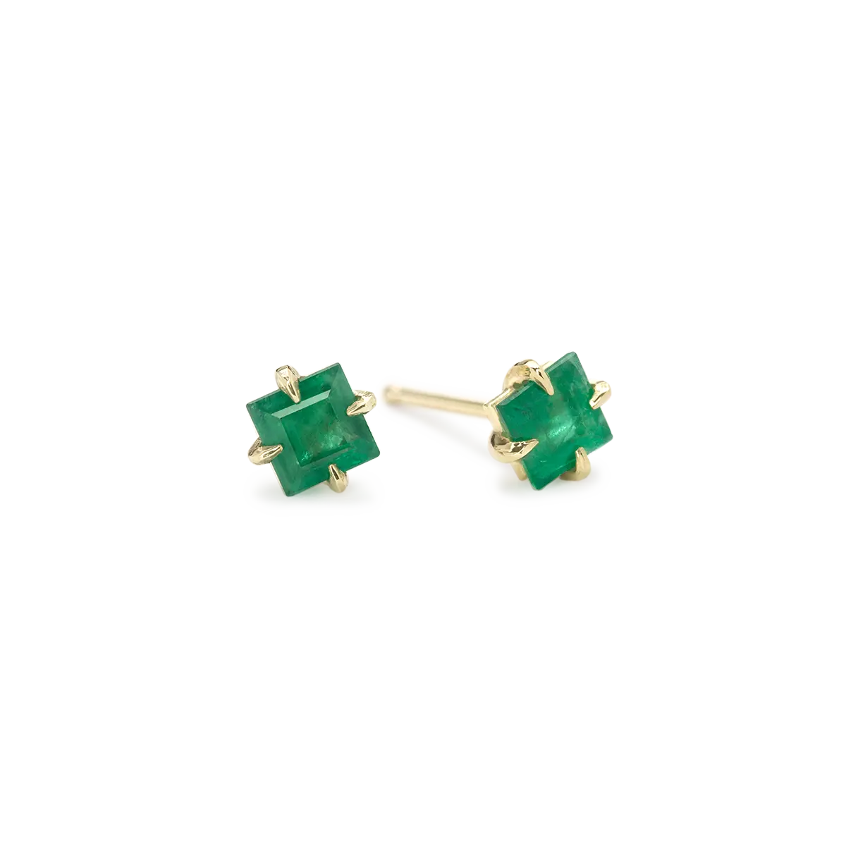 Martini style princess cut emerald stud earrings set in 14k yellow gold.   .75ct emerald.   Designed by ILA
