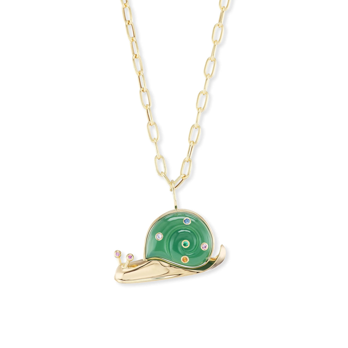 This is one of a kind pendant! Made with 18K yellow gold with Green Agate and Multi Large Snail Pendant on 18&quot; Chain.  Designed by Brent Neale and made in New York