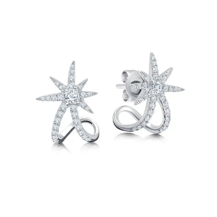 18k white gold and diamond starburst ear cuffs with post closure.  Details  .45cts of I-J White Diamonds 2.9g of 18K White Front of Earrings Dimensions = .5" X .5" Please allow 4-6 weeks for delivery, if item is out of stock.   Designed by Graziela Gems